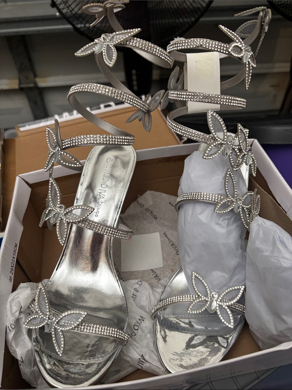 Wild Diva Silver Strappy Heels with Crystal Butterfly Accents